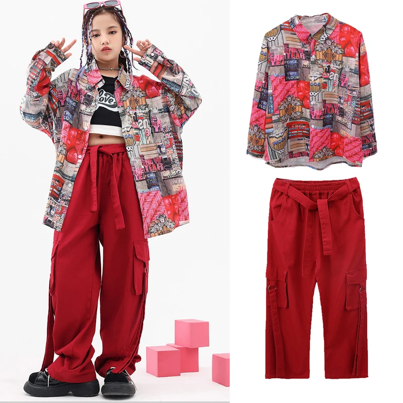

Girls Hip Hop Dance Costume Retro Style Shirt Red Cargo Pants Long Sleeves Jazz Performance Outfit Kids Fashion Clothes BL9848