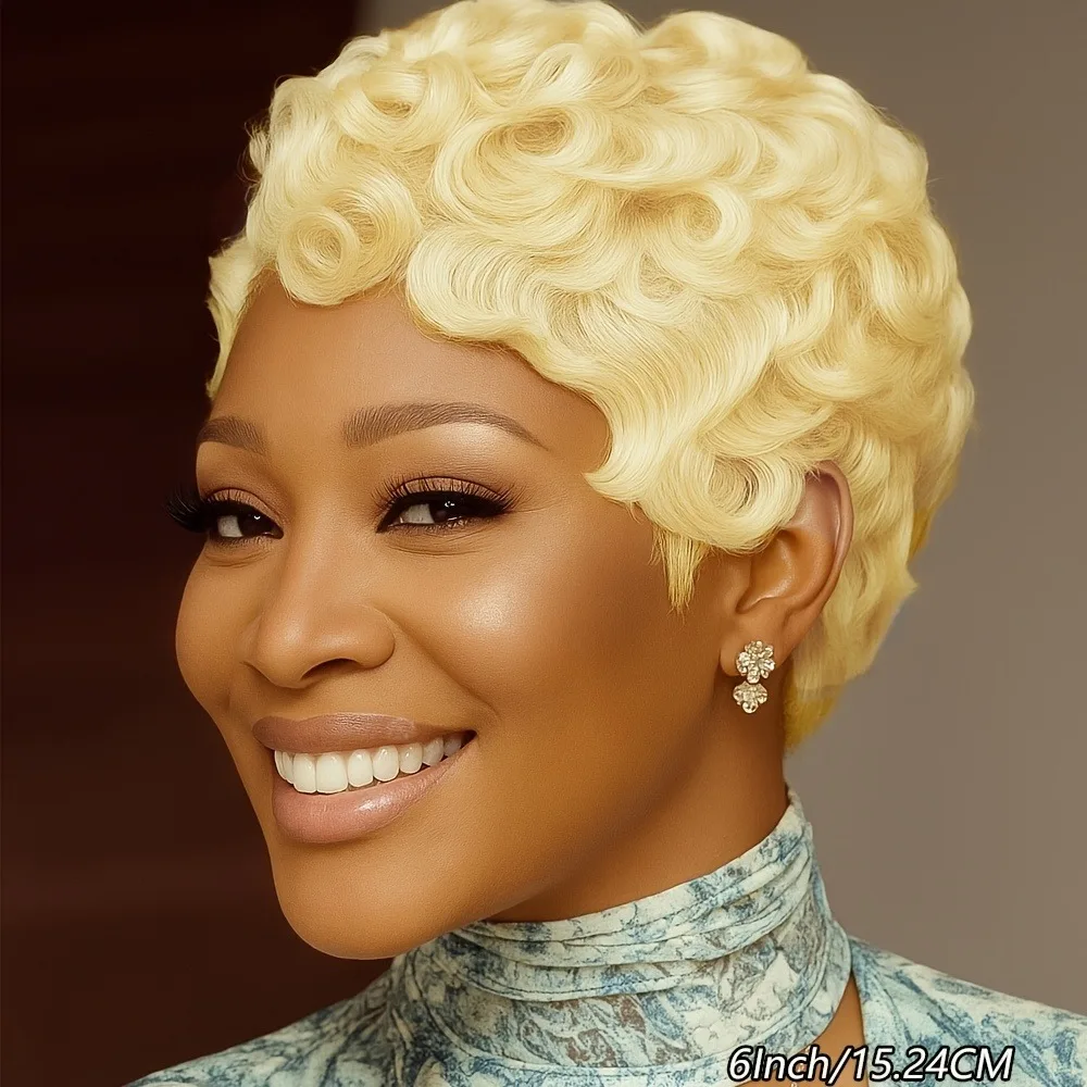 여성용 풀 머신 메이드 가발 인모 픽시컷 가발 - 150% 밀도 짧은 레이어드 컬리 웨이브 앞머리 포함, 613    색상