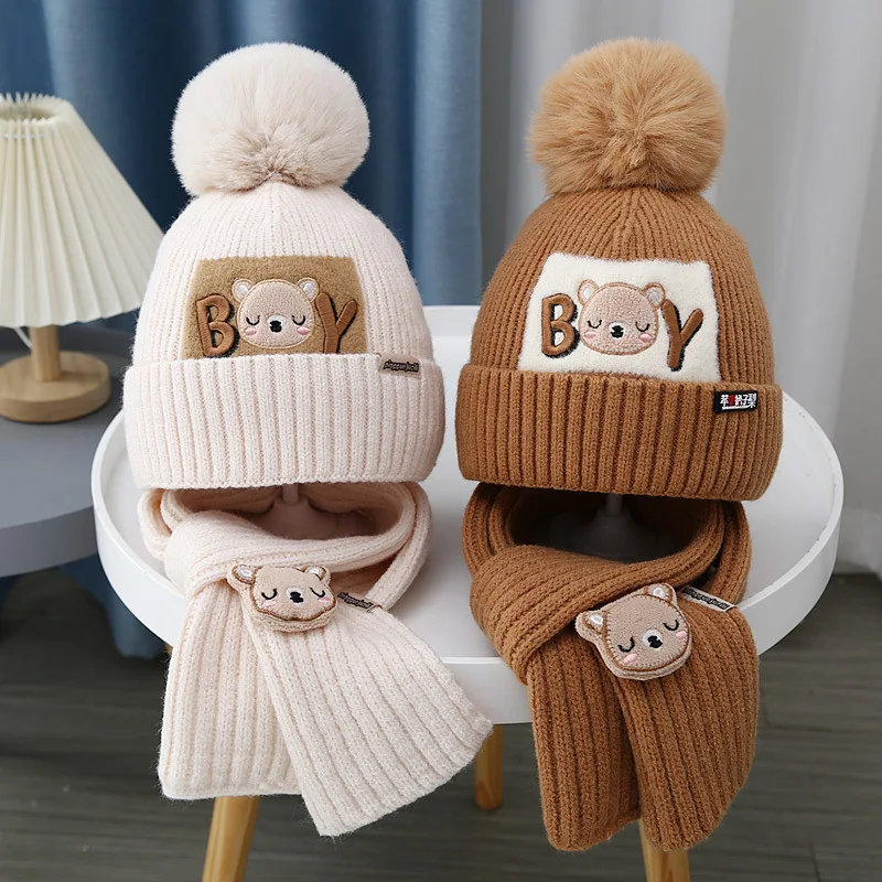 Baby Hat Scarf 2Pcs/Set Cute Pompom Winter Warm Beanie Kids Boys Girls Cartoon Bear Crochet Cap Scarves Outdoor Neck Covers
