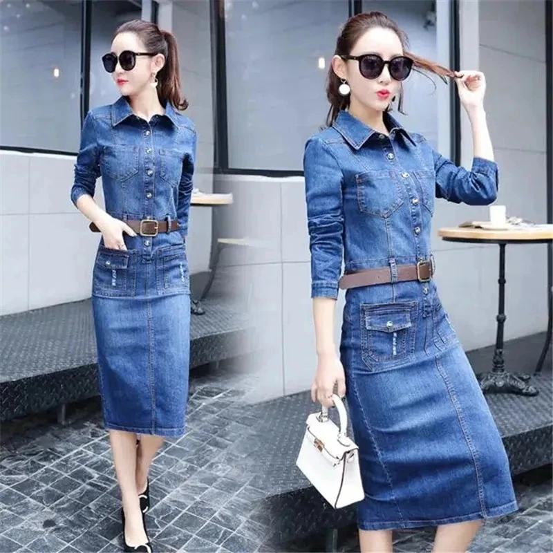 

2023New Women Long Sleeve Denim Dresses Spring Autumn Korean Slim Over Knee Long Dress Female Vintage Blue Cowboy Dress Vestidos