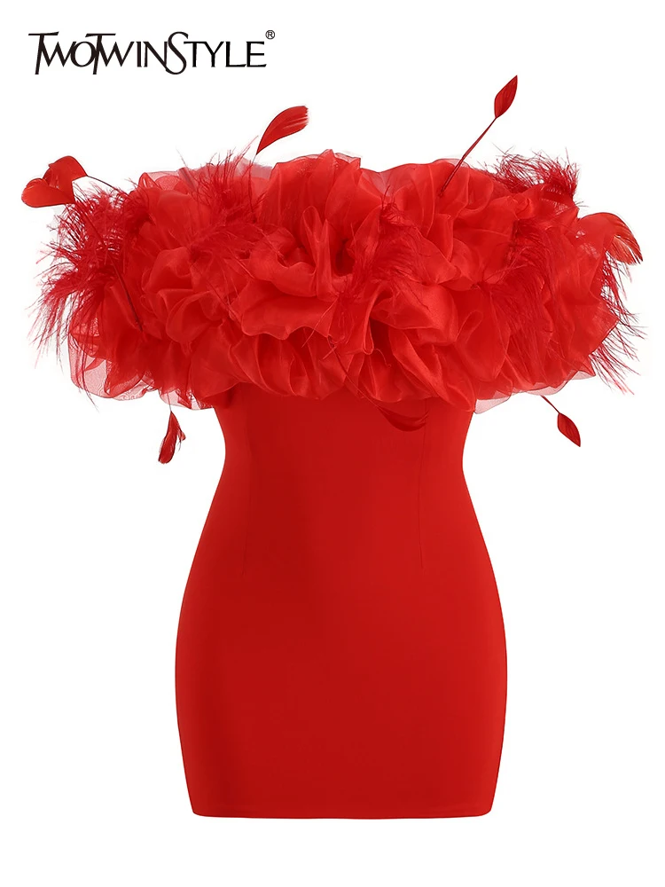 

TWOTWINSTYLE Solid Slimming Sexy Dresses For Women Slash Neck Petal Sleeve High Waist Patchwork Feathers Bodycon Dress Female