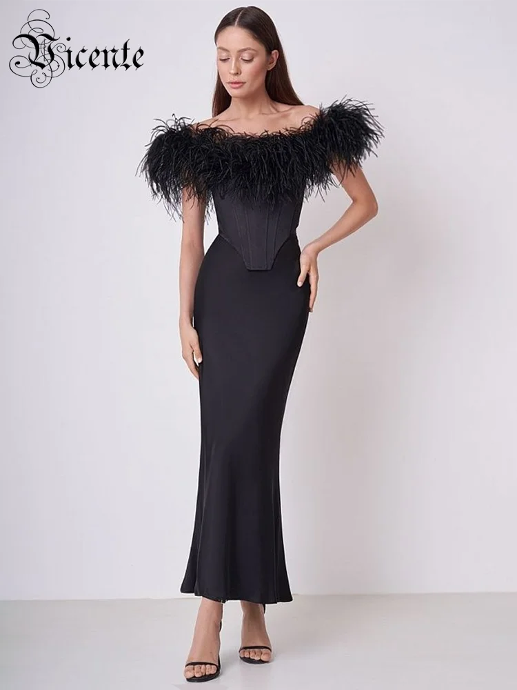 

VC Women'S 2-Piece Set Sexy Design Luxury Feather Patchwork Bandage Crop Top And Long Skirt Suits Elegant Party Wear