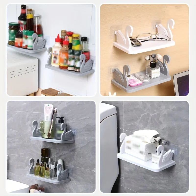 1pc swan-designed wall shelf, a versatile storage rack suitable for bathrooms, kitchens, and offices. 3