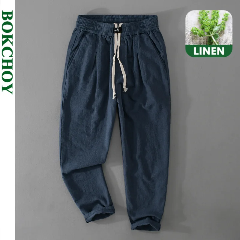 2024 Spring Summer New Linen Casual Cargo Pants for Men Casual Drawstring Thin Big Pocket Trousers Streetwear Men FY7101