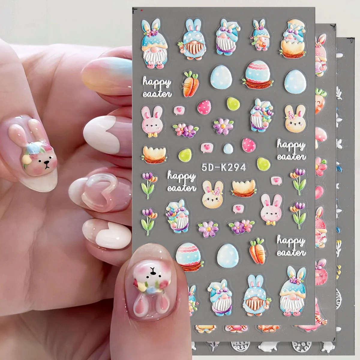 5D Nail Bunny Embossed Stickers Color Rabbit Floral Cartoon Relief Nail Sticker Acrylic Flowers Spring Manicure Decors LE5D-K294