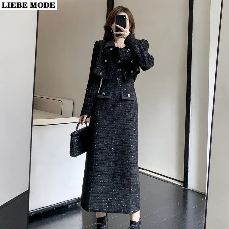 

Women's Tweed Short Jacket Coat and Spaghetti Straps Dress Suit Woolen Two Piece Women Vintage Wool Outfits Luxury Dresses Suite