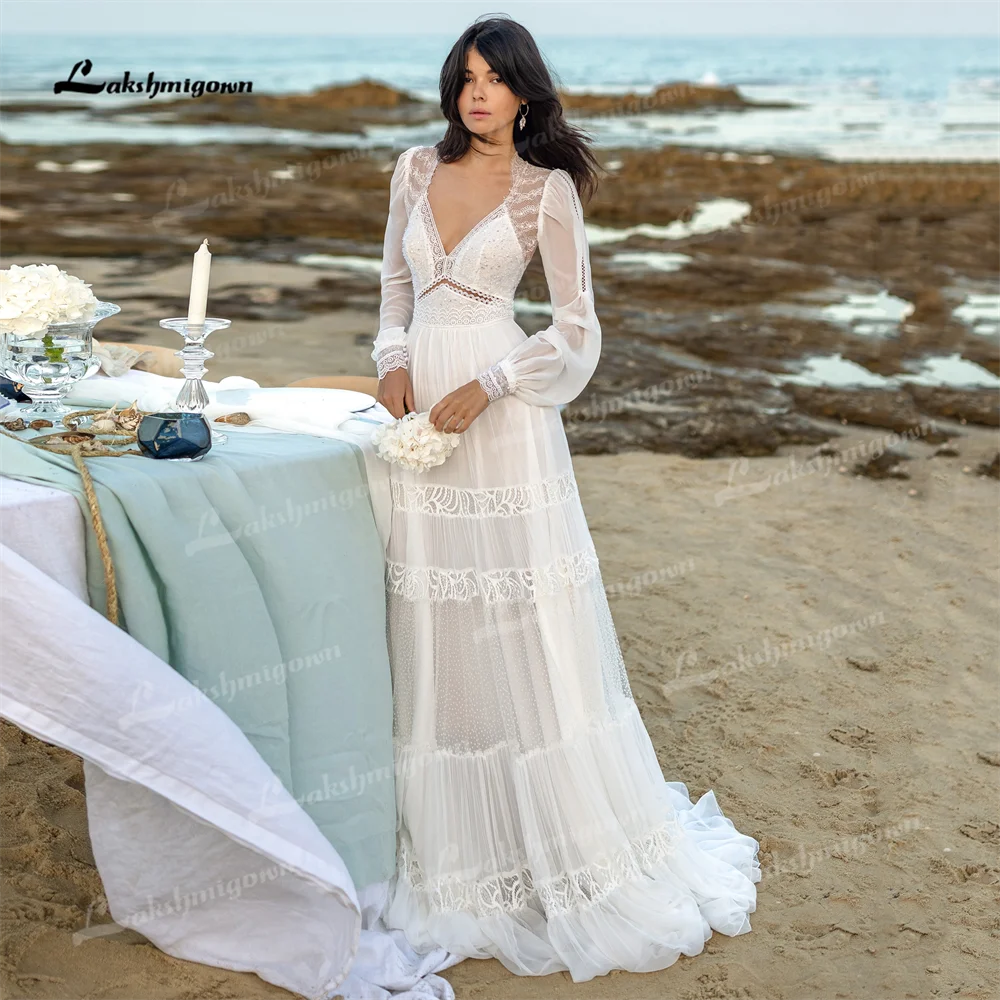 Shabby Chic Novias Boho 2021 Boho Beach Customized Pleated A