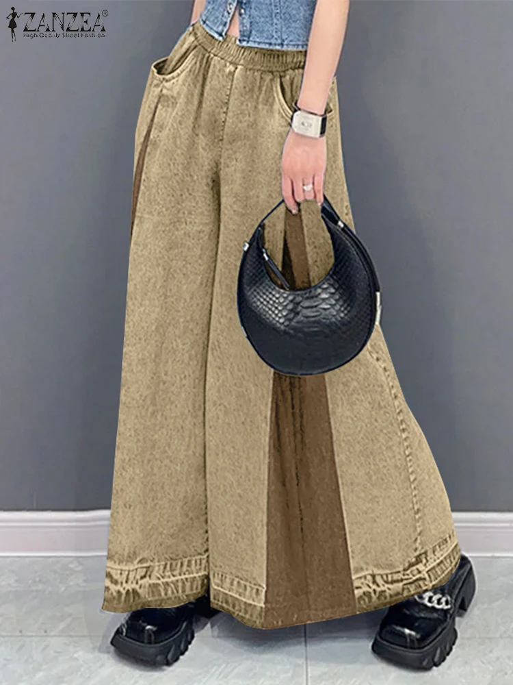 Polyester Elastic Waist Wide Leg Pants for Women