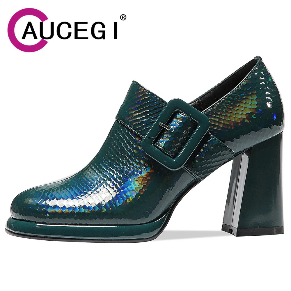 

Aucegi Deep Mouth Square Toe Fish Scale Genuine Leather Pumps Women Delicate Spring Autumn Block High Heels Office Dress Shoes