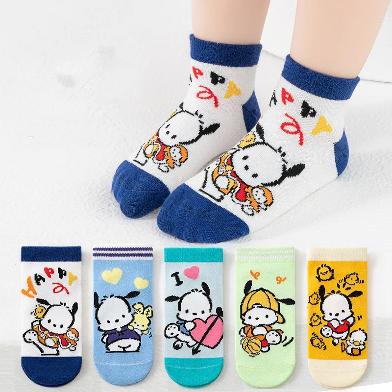 5Pairs Cartoon Toddler Baby Socks Sanrio Kuromi Mymelody Pochacco Hello Kitty Short Socks Cotton Breathable Socks for Children 5