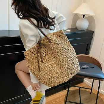 Borsa a tracolla in paglia intrecciata a mano, alla moda, di grande capacità, in stile bohémien, adatta per le vacanze al mare