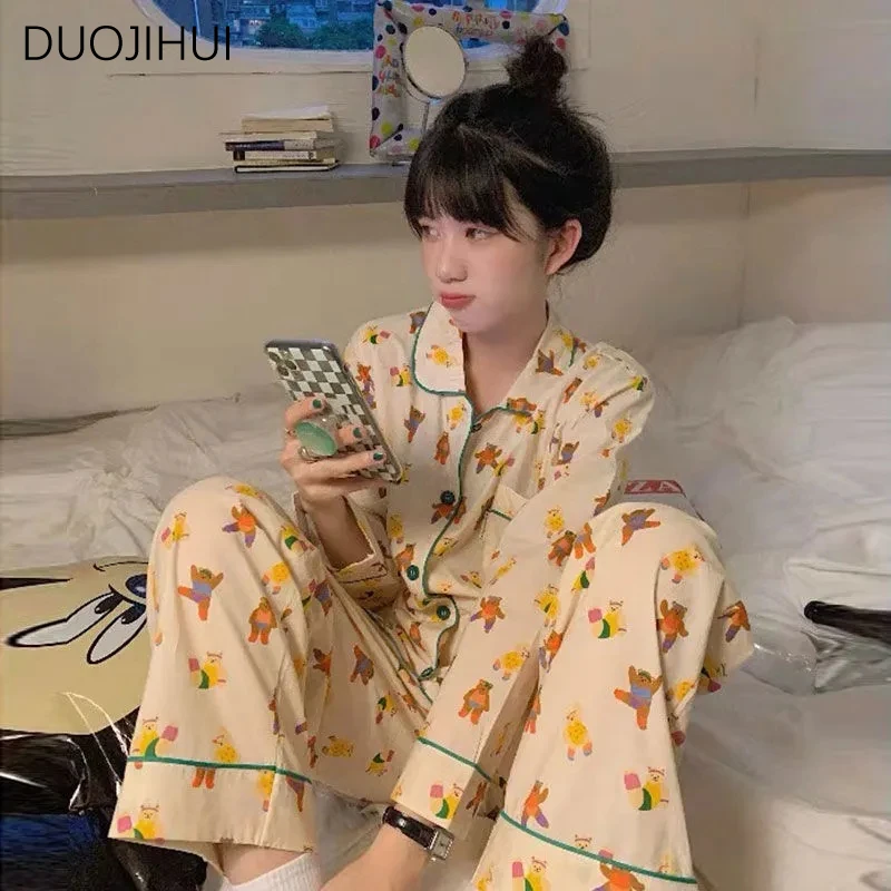 DUOJIHUI Ins Classic Two Piece Female Pajamas Set Autumn New Chicly Printing Sweet Simple Fashion Casual Home Pajamas for Women