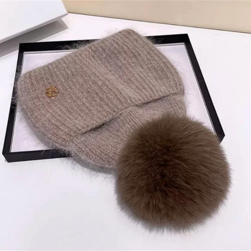 Real fox Fur Pom Poms Hat Women Outdoor Warm Skullies Beanie Winter  Hat for Women Rabbit Fur Knitted Hat Thick Cap Christmas 5