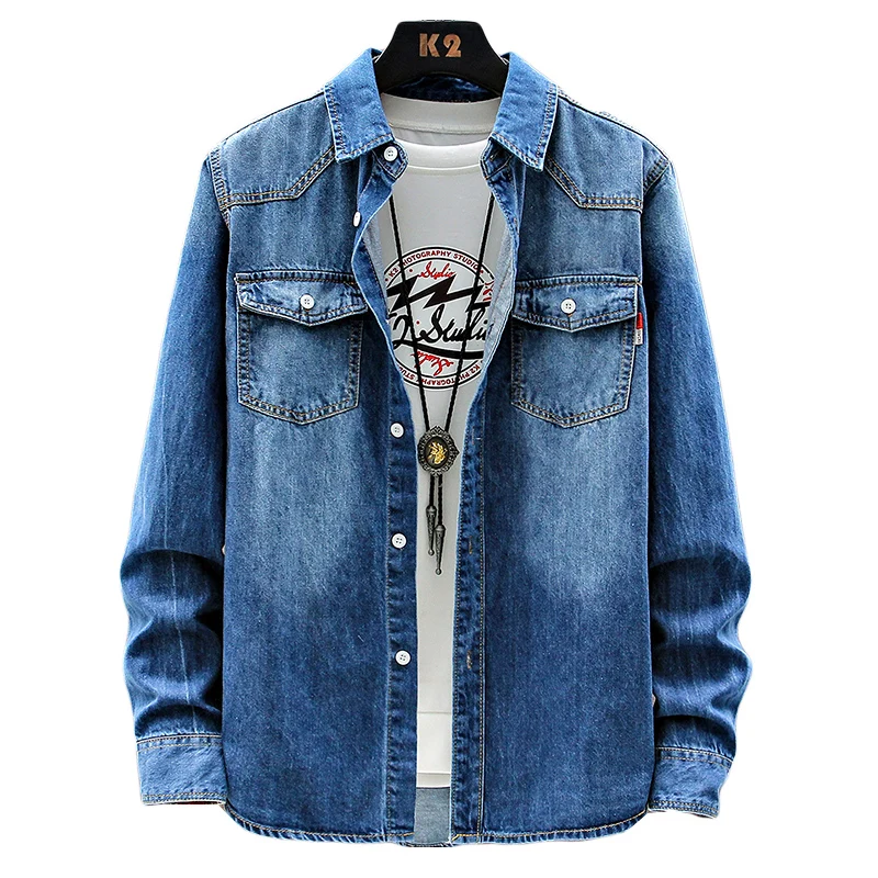 

Denim Shirt Men Cotton Shirt Fashion Autumn Slim Long Sleeve Cowboy Shirt Stylish Wash Slim Tops Business leisure Tooling shirt