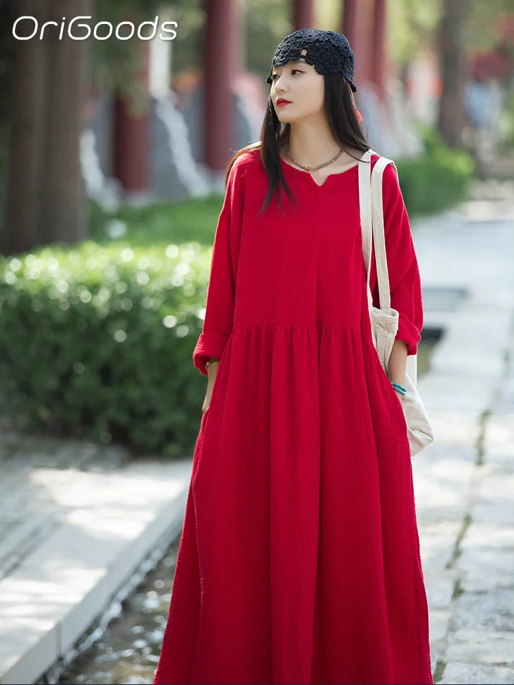 

OriGoods Women Dress Solid Red White Black Long Dress Cotton Chinese Style Loose Long Sleeve Dress 2024 Elegant Robe Femme B047