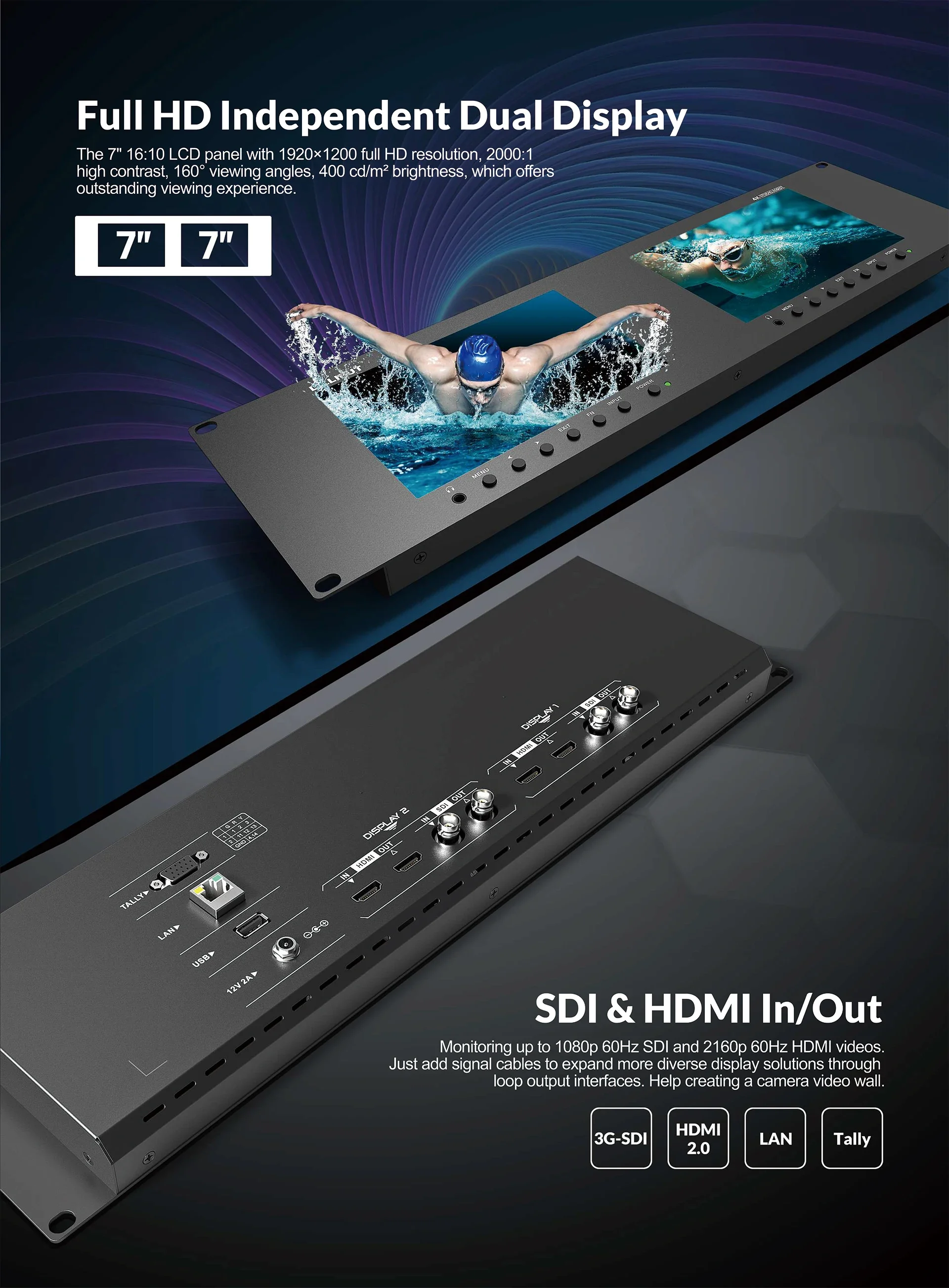 TV 방송 장비 듀얼 7인치 3RU 랙 마운트 3G-SDI 4K HDMI 2.0 LAN 오디오 모니터 방송 및 라이브 스트리밍용