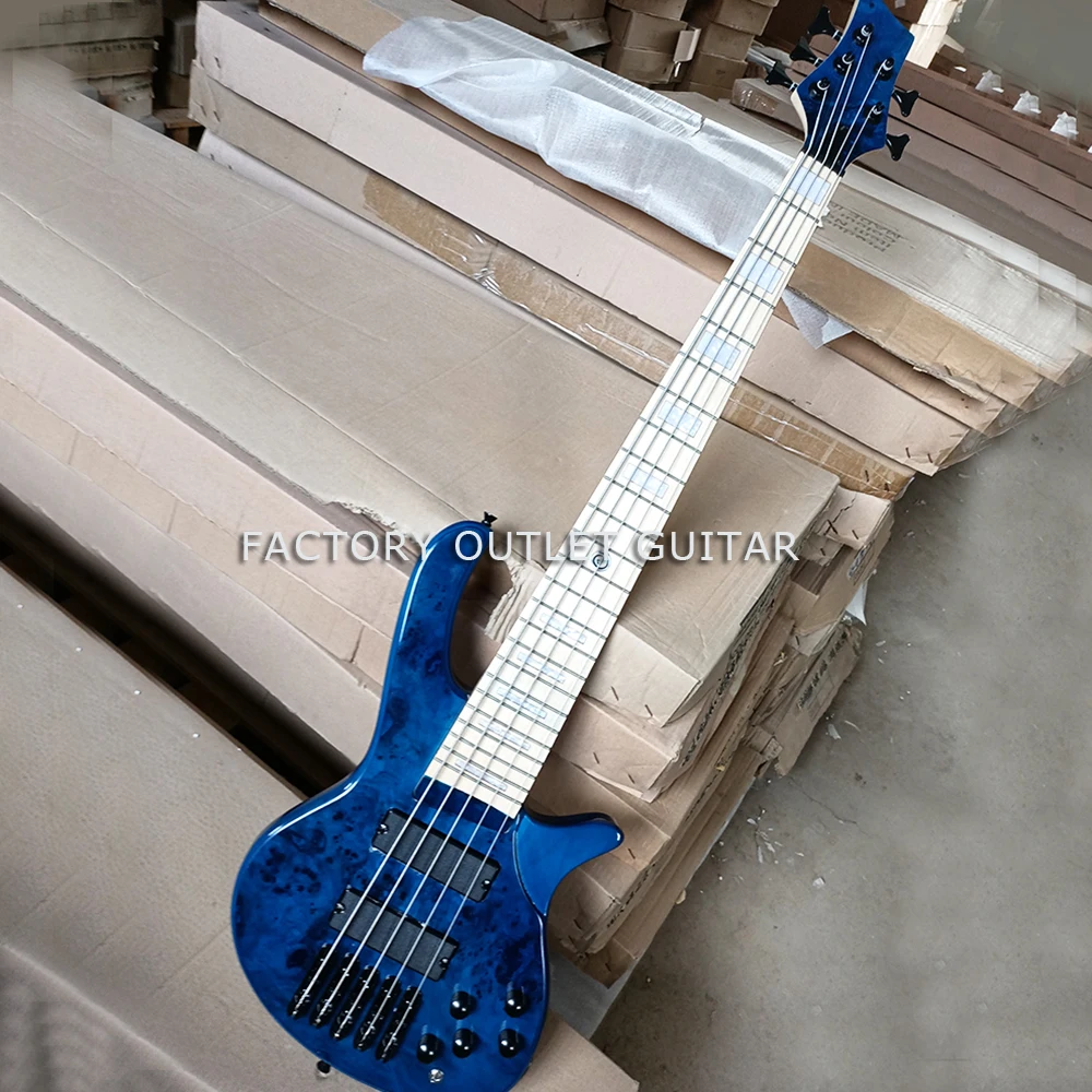 

Blue 5 Strings Ash Electric Bass Guitar with Burl Maple Veneer Maple Fretboard Customizable
