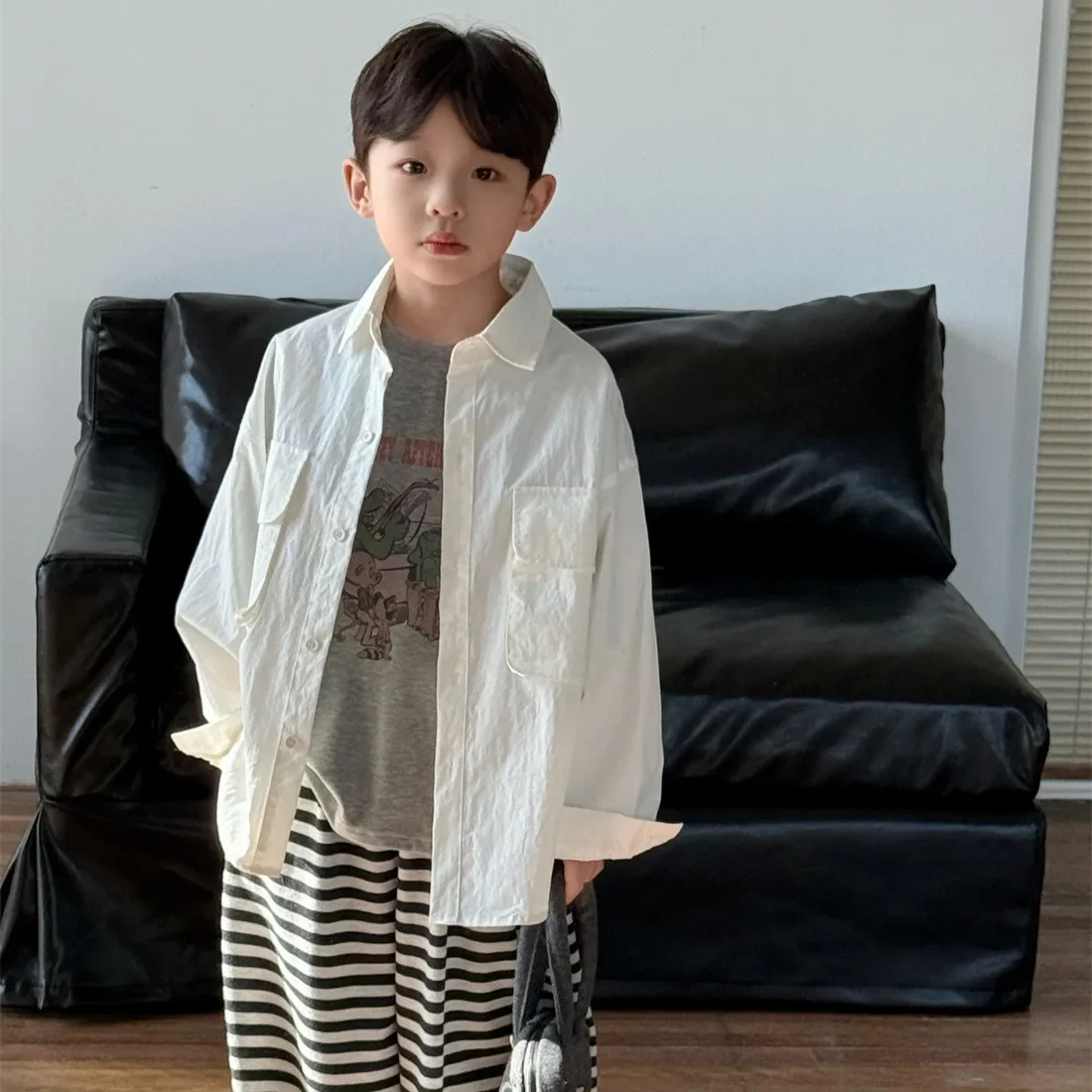 New Spring Boys' Casual Shirt Children's Fashion Korean Style Solid Color Versatile Leisure Top Cheese And Cat Clothing