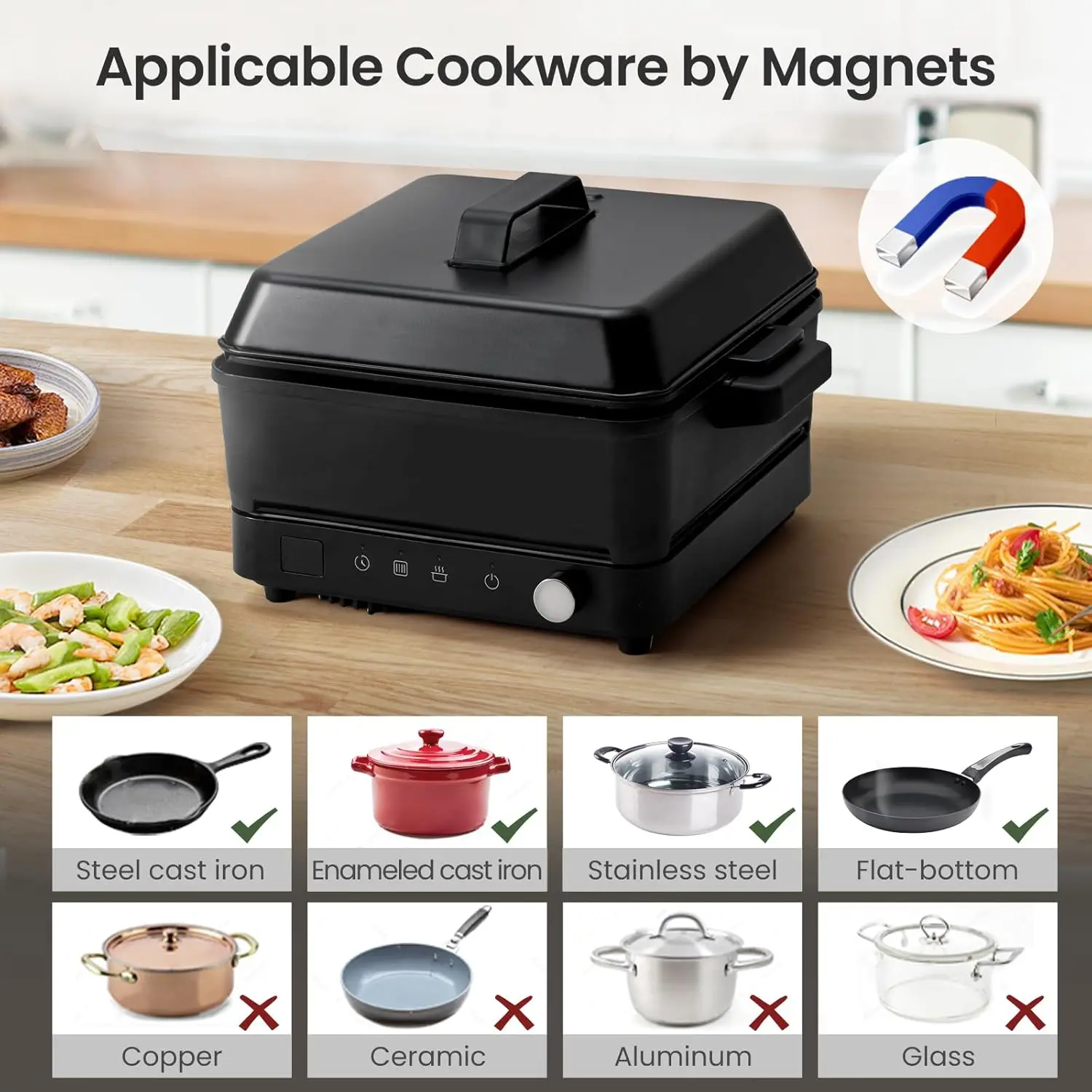 Portable Induction Cooktop 1500W with Grill Pan & Rack, Sensor Touch Hot Plate for Countertop, 6 Temp Levels, Auto Shut-Off