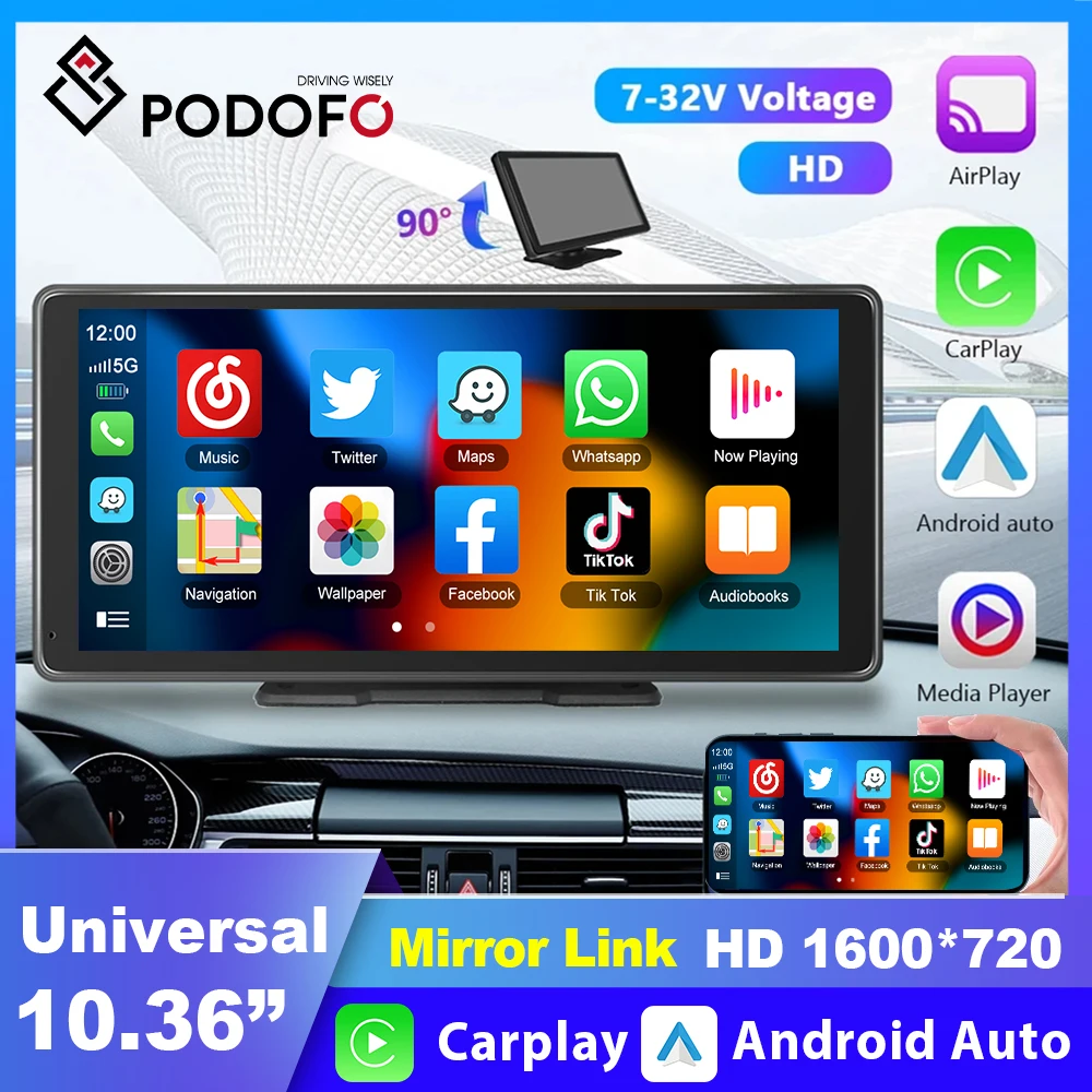 Podofo 10.36 "Car Mirror Video Player Monitor Wireless Carplay Android Auto Navigazione Gps Fotocamera Posteriore Videoregistratore Cruscotto