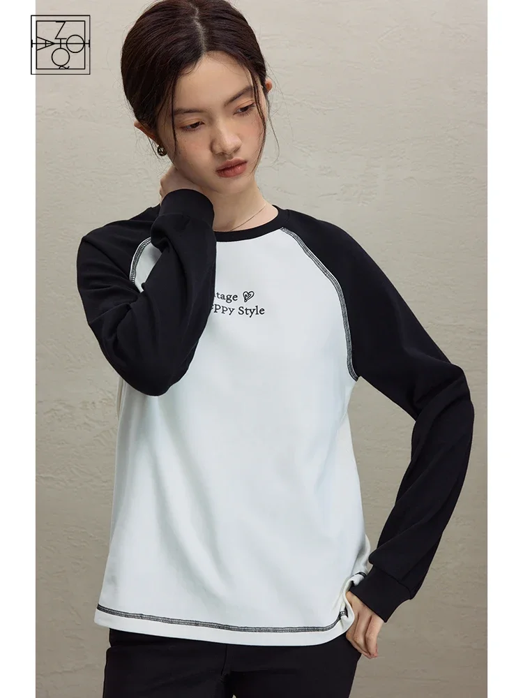 

ZIQIAO Round Neck Raglan Sleeve Straight Women Winter Long Sleeve Tops Contrasting Color Lined Design Print Women Twill T-Shirts