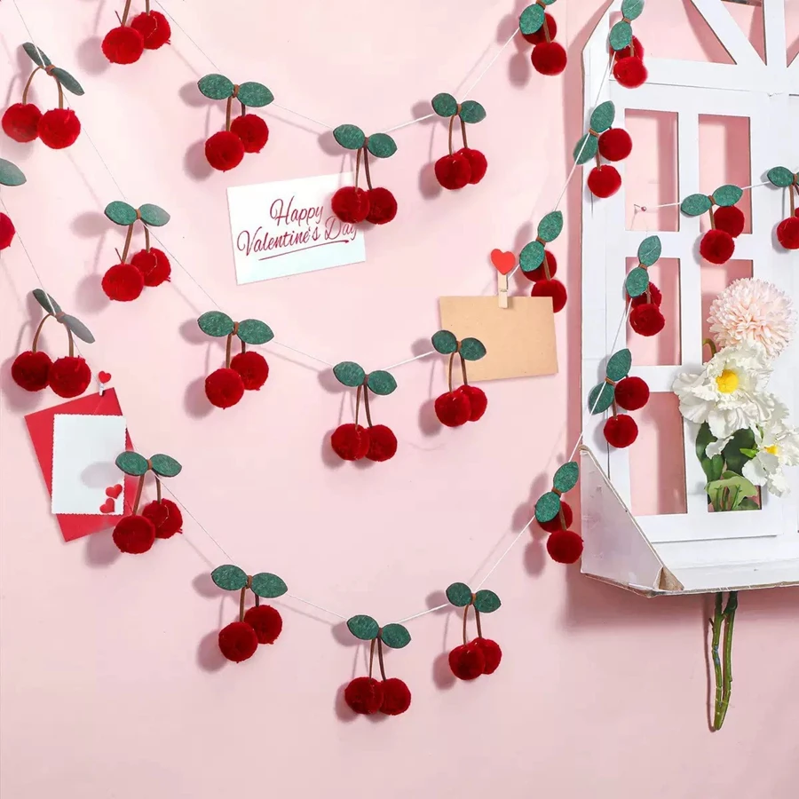 Festive Cherry Garland - Cheerful Pom-Pom Banner for Birthdays, Weddings, and Holiday Décor