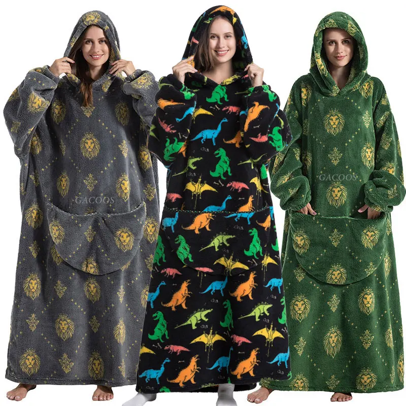 Extra Long Hoodies Sherpa Blanket Plush Fleece Family Matching Outfits Sweatshirts Avocado Dinosaur Homewear Oversized matching outfit