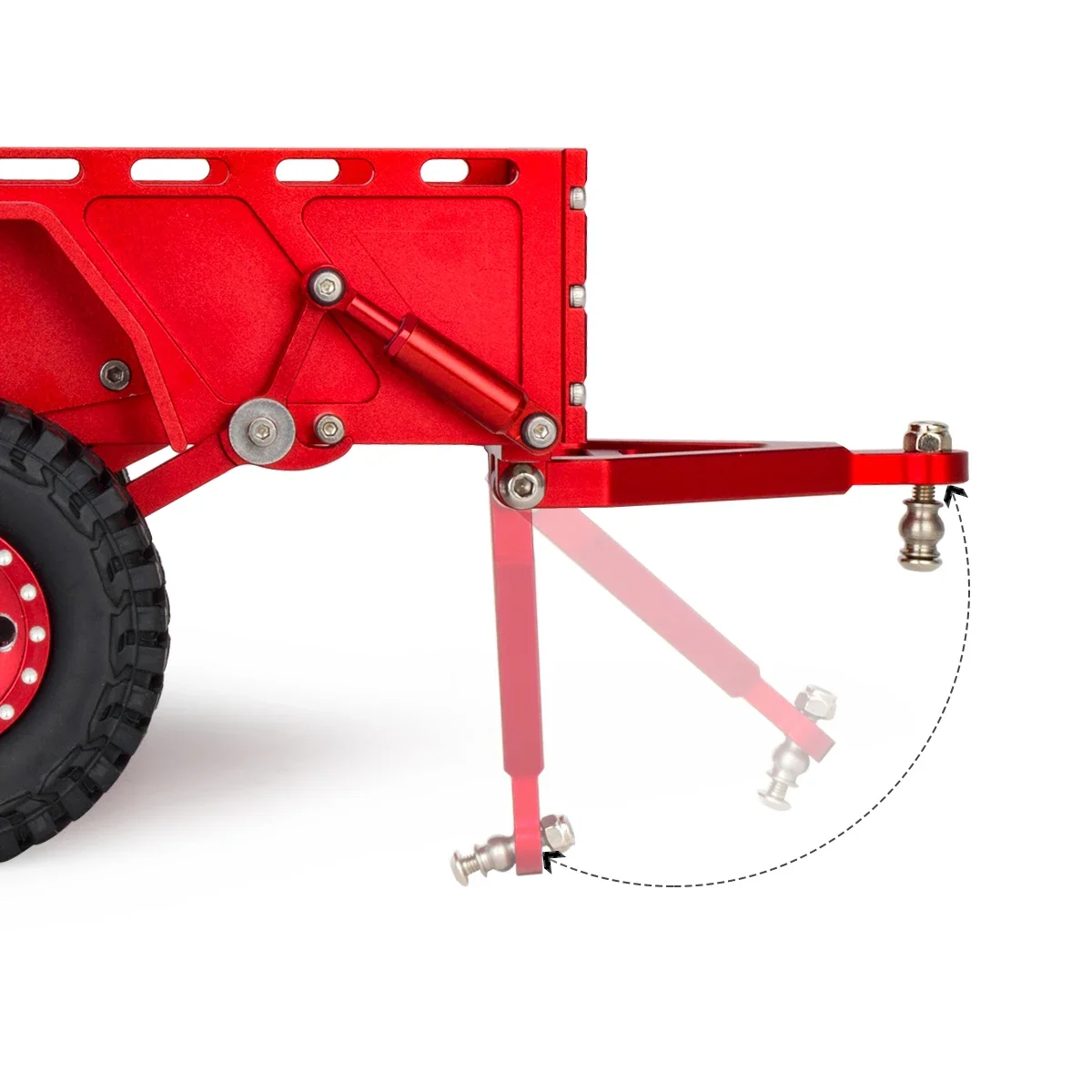 Remorque RC tout-terrain 1/18 en aluminium usiné CNC, vue arrière avec feux et plaque d'immatriculation factice.
