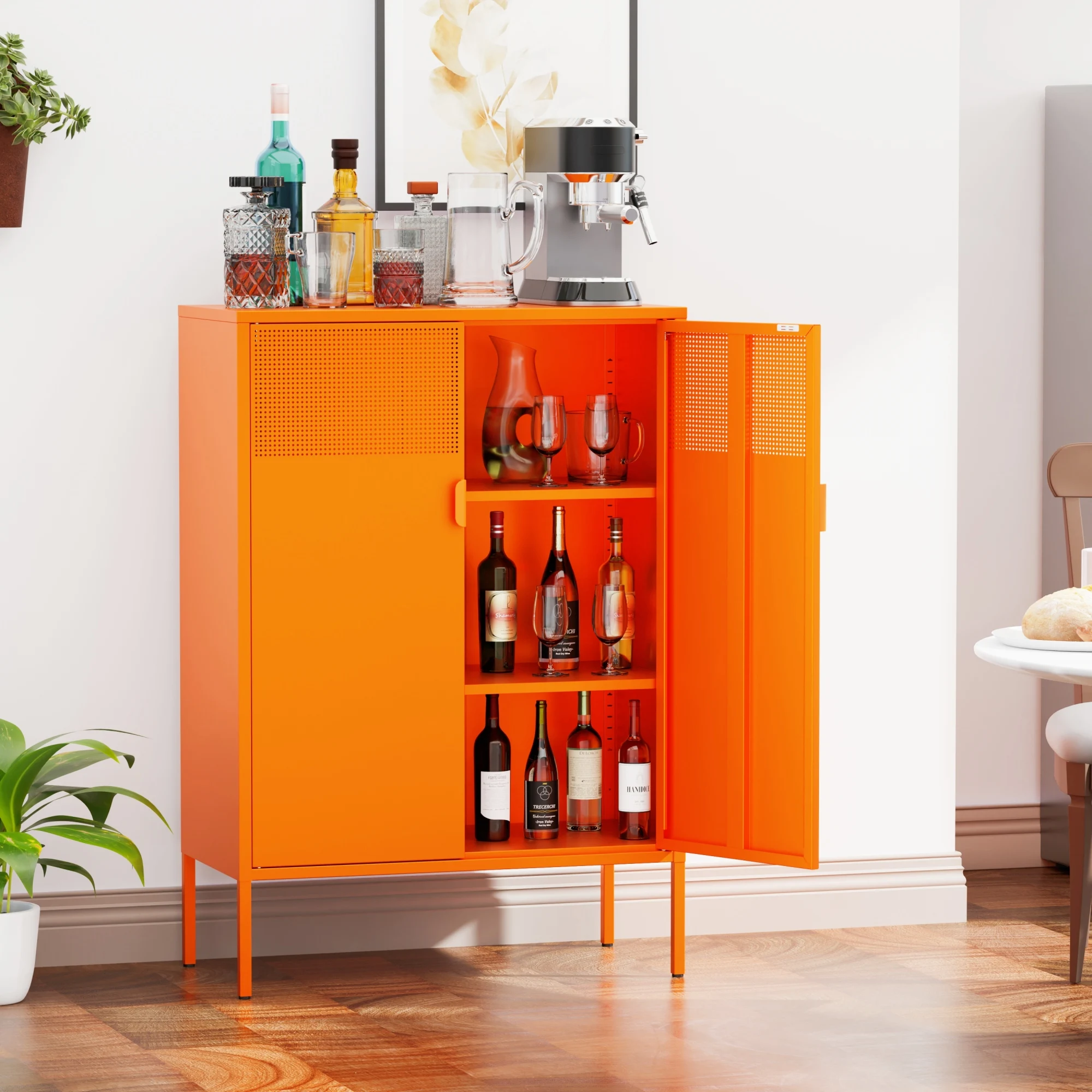 Orange 3 Tier Metal Storage Cabinet with Legs, 2 Door Metal Locker for Home, Office, Entryway and Hallway 6