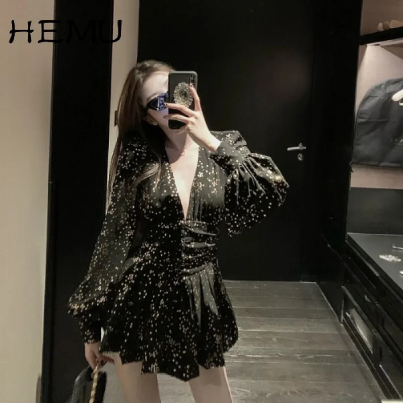 

Hemu V-neck Loose Slimming and Fashion Casual High Waist Mini Mini Dress women Autumn Korean Style New Elegant short Dress