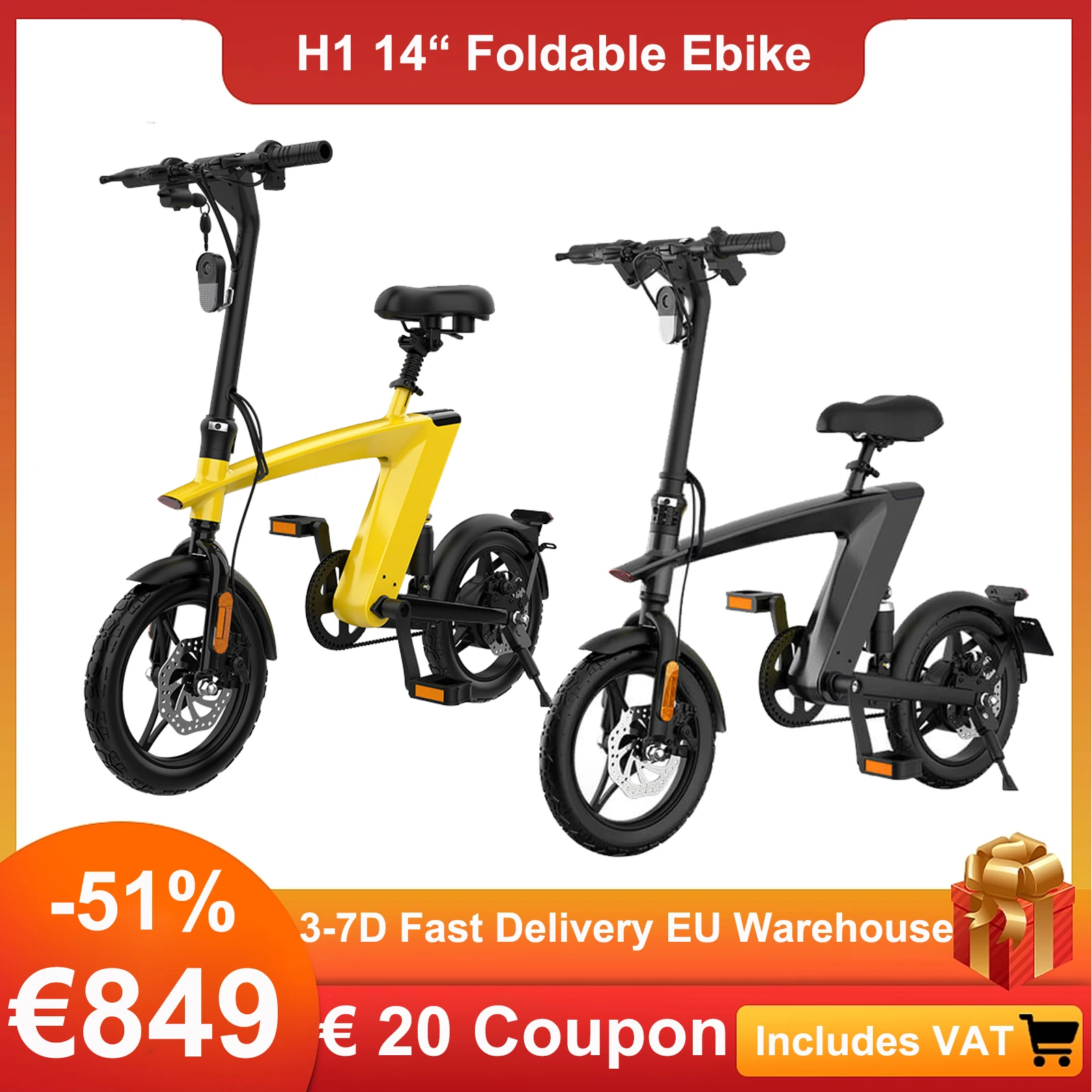 H1 składany rower elektryczny 14 Cal 75KM maksymalny zasięg 10AH odłączany akumulator