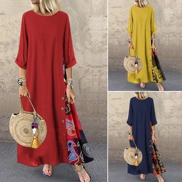 Vintage Maxi Dress Women Spring Summer Half Sleeve Buttons Printed Long Dresses Plus Size Casual Loose Big Swing Dress Robe 5XL long sleeve maxi dress