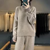 Women Suits 100% Wool Knitting Pant Ladies Sweater+Wide Leg Pants Autumn Winter Solid Color Soft Warm Pullovers for Female YP01 3