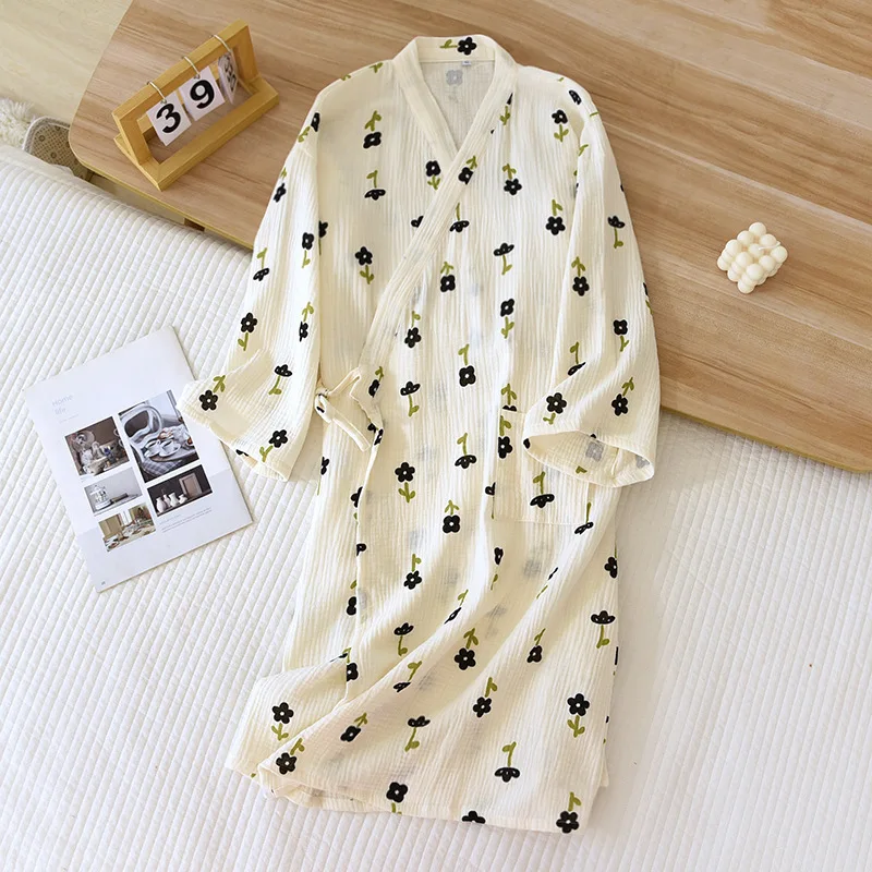 Japanese Style Kimono Spring Summer New 100% Cotton Crepe Ladies Thin Nightgown Women Bathrobe Robe Home Service Pajamas