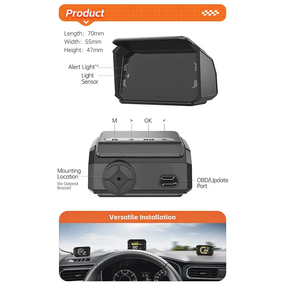 자동차 OBD + GPS HUD 헤드업 디스플레이 LCD 계기판 게이지 RPM 전압 오일 압력 터보 미터 속도계