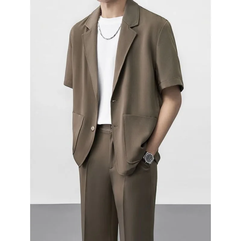 Business Casual Summer New Men's Solid Color Short Sleeve Notched Button Patchwork Pockets Classic Loose Blazer Pants Sets