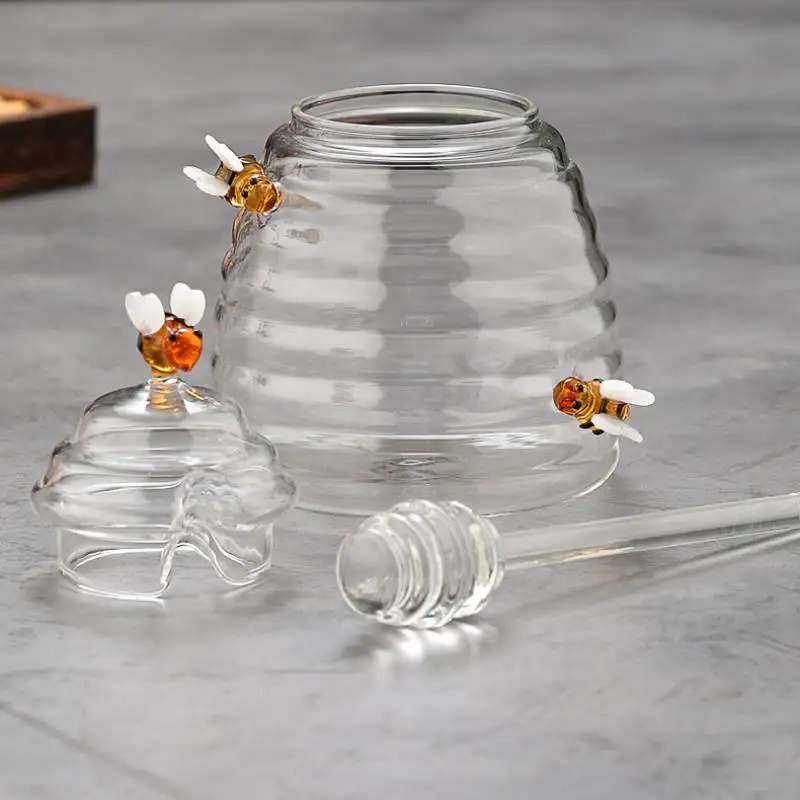 Transparent Honey Storage Tanks Honey Jar with Dipper and Lid 8.11 Ounces Glass Beehive Pot Containers Holder