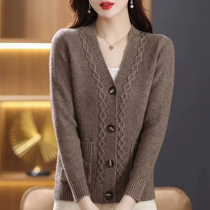 

Women Clothing 2023 Spring Autumn V-neck Fashion Casual Knitted Cardigan New Solid Clolor Long Sleeve Soft Lazy Style Coat