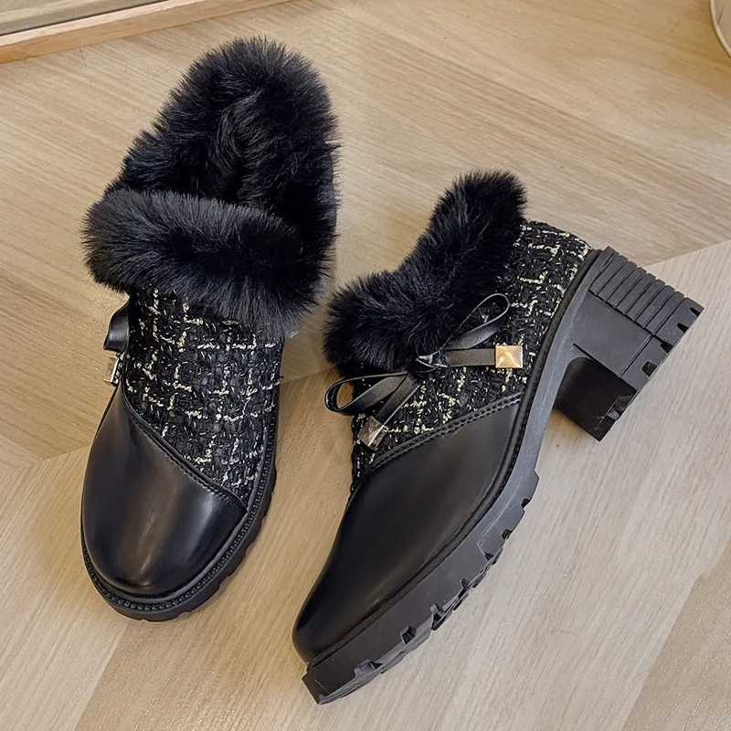 

Женские кожаные Лоскутные ботинки на массивном каблуке, зимние Плюшевые Теплые ботильоны с боковой молнией и бантом, брендовая дизайнерская повседневная обувь для женщин, 2024