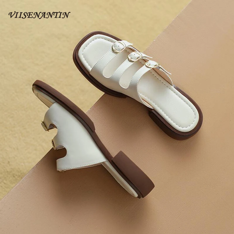 

Three Belt Buckle Open Toe Slippers Women Summer New Genuine Leather Muffin Thick Soled Gladiator Sandals Outdoor Wear Slides