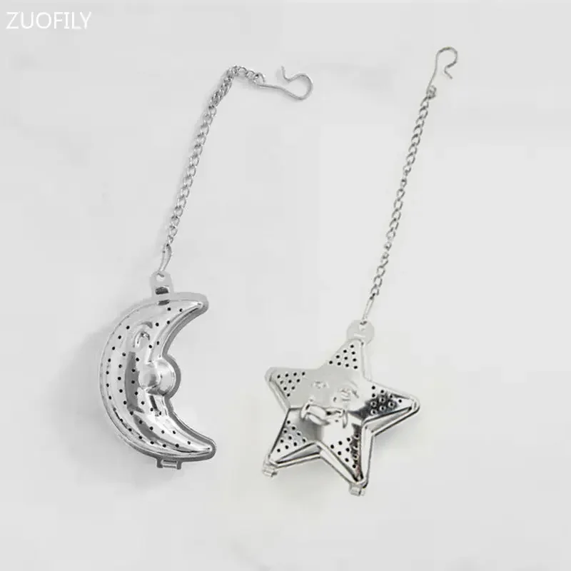 2pcs Moon Star Shaped Eid Mubarak Tea Mesh Infuser Gold Silver Staniless Steel Ramadan Tea Strainer Set Spice Filter with Chain