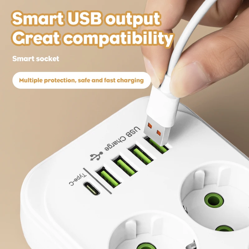 Power Strip EU Plug AC Outlets Multitap Socket 2M Extension Cord Electrical USB Type C Fast Charging Network Filter Adapter