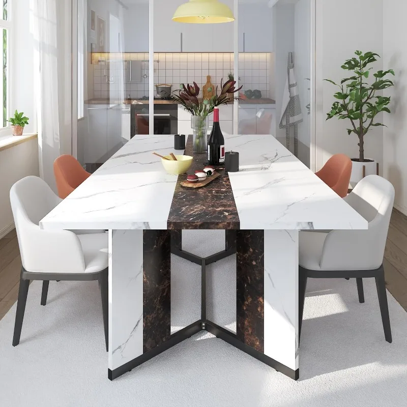 71In Large Rectangular White Dining Table for 4 5 6 7 8 People w/35 Marble-Color Wood Watrproof Tabletop,Adjustable Leg 1