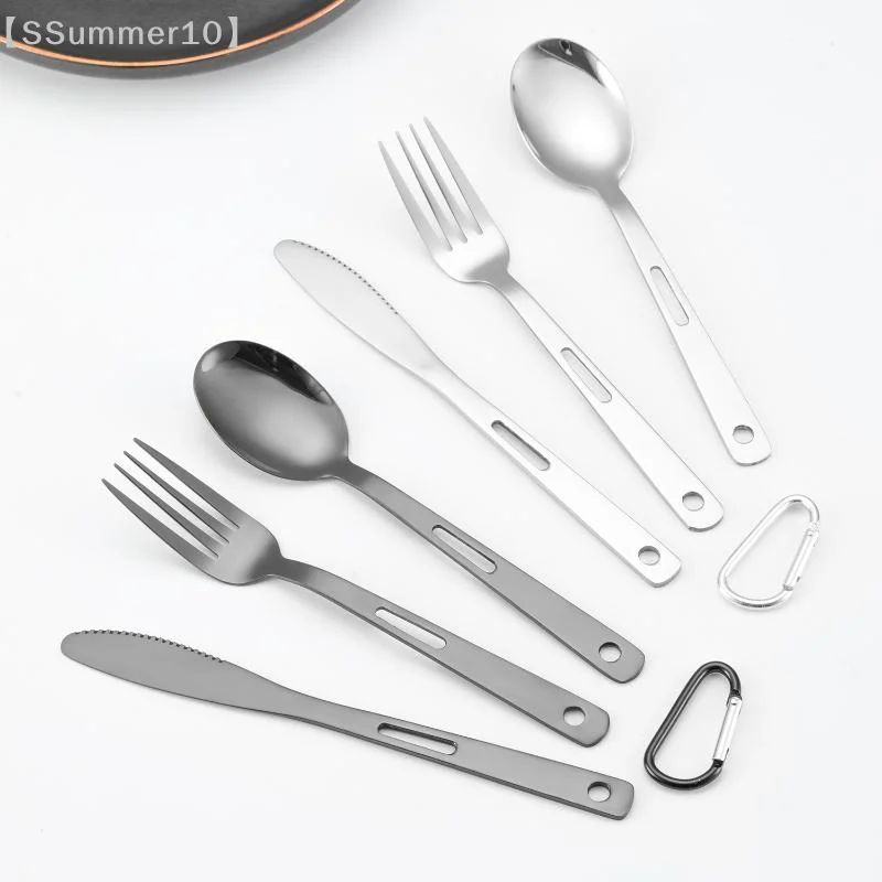 【SSummer10】3개 휴대용 430 스테인레스 스틸 식기류 - 카라비너 ??캠핑 피크닉 나이프 포크 스푼 세트 여행용 식기류【SS】