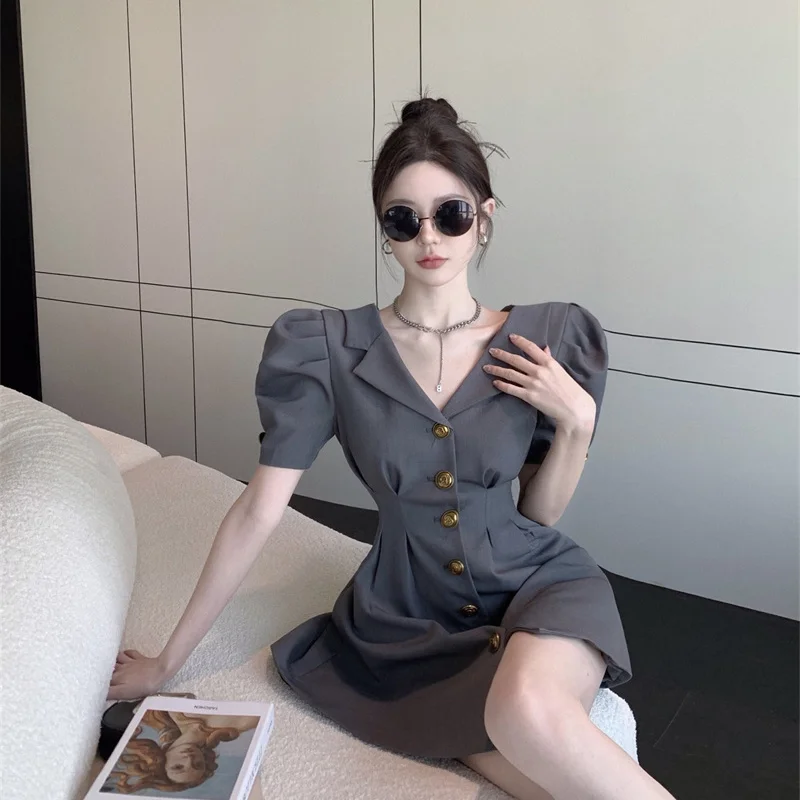 Retro French Temperament Waist-hugging Slim Suit Dress Summer 2025 New Solid Color Short Skirt 5