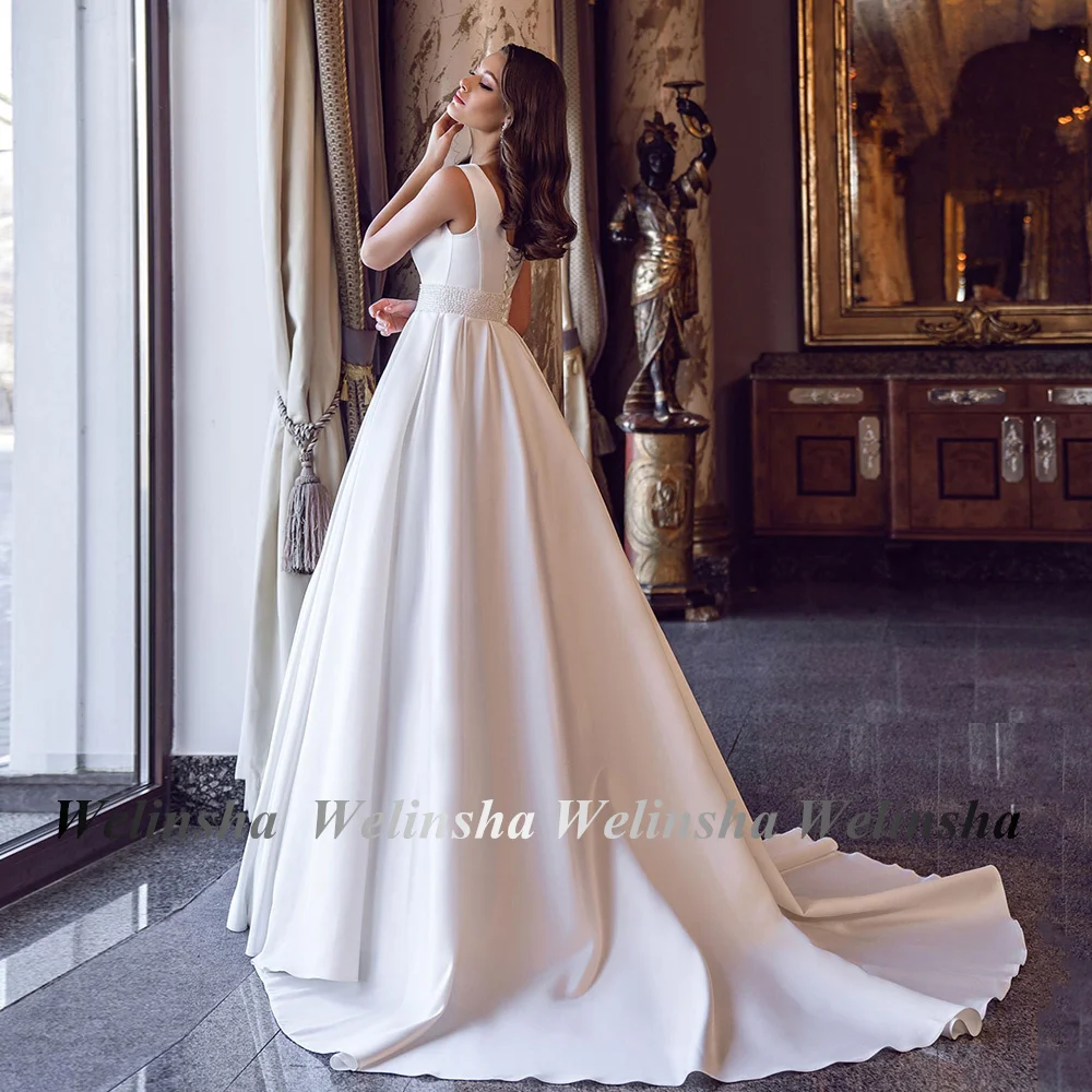 Weilinsha Satin Wedding Dress Robe De Mariage Elegant V Neck Sleeveless Beading Belt Sweep Train A Line Corset Bridal Gown