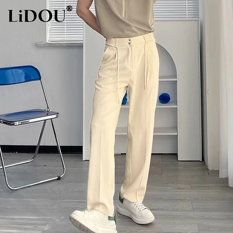 

Spring Autumn Solid Color Fashion Elastic Waist Straight Pants Man High Street Zipper Button Pockets Harajuku Thin Suit Trousers