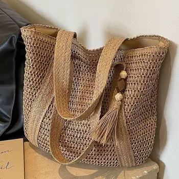 Straw Woven Shoulder Bags for Women Summer Beach Handbag with Tassel Female Fashion Handbag in Khaki Beige 1