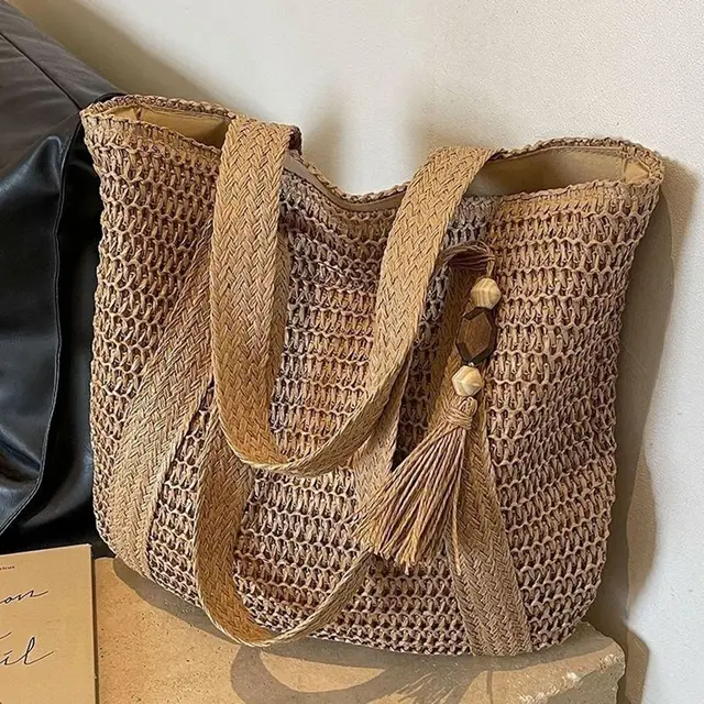 Straw Woven Shoulder Bags for Women Summer Beach Handbag with Tassel Female Fashion Handbag in Khaki Beige 1