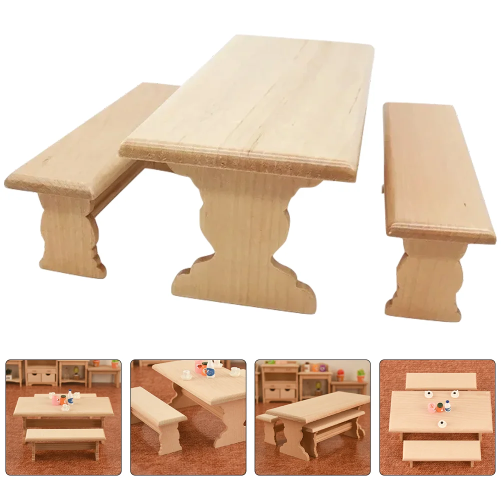 

Miniature Dollhouse Picnic Table Set Wooden Chairs Kitchen Accessories Pretend Playset Micro Landscape Tea Decor